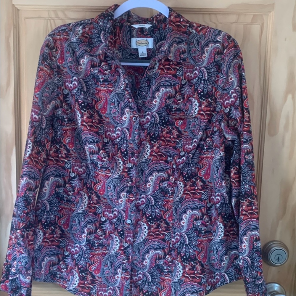 Talbots Stretch Red and Blue Paisley Cotton Women’s Shirt Size Large